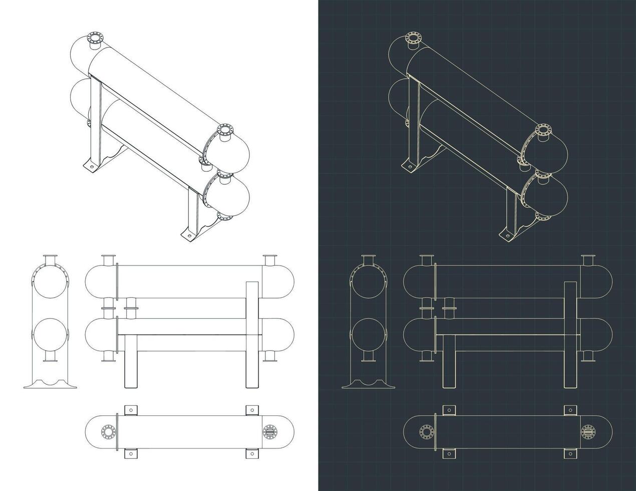 Shell and tube heat exchanger blueprints vector