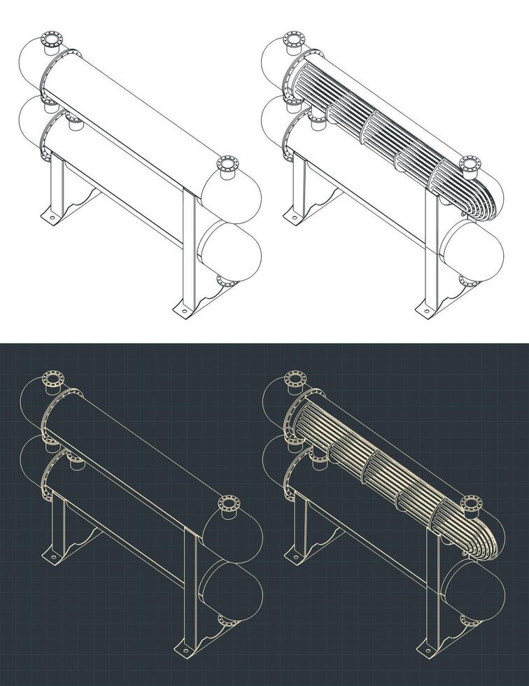 Shell and tube heat exchanger structure isometric blueprints vector