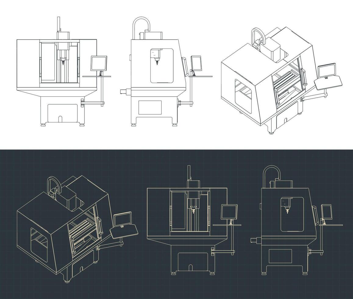 CNC turning milling machine blueprints vector