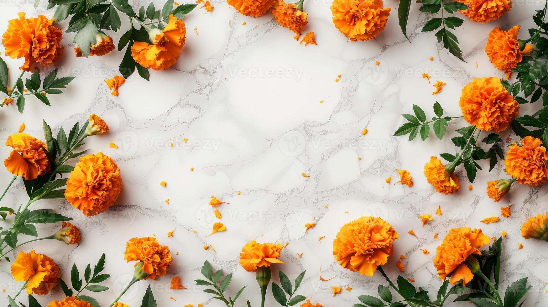 Orange marigold flowers scattered on white marble backdrop. Copy space. Concept of floral arrangement, nature beauty, botanical design. Day of the Dead, Dia de los Muertos celebration. Greeting card photo