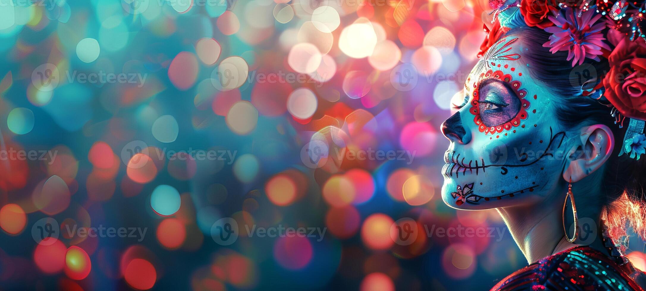 Mexican woman with Day of the Dead skull makeup. Lady with Dia de los Muertos face paint. Concept of Mexican culture, holiday celebration, traditional festival, Halloween. Copy space photo
