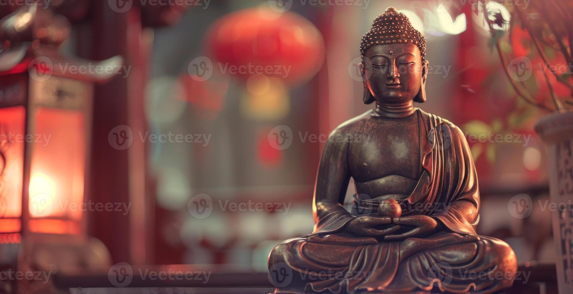 Bronze Buddha statue in meditation, softly lit with blurred red lanterns in the background. Represents tranquility and spiritual focus. Concept of meditation, peace, Asian culture. Space for text photo