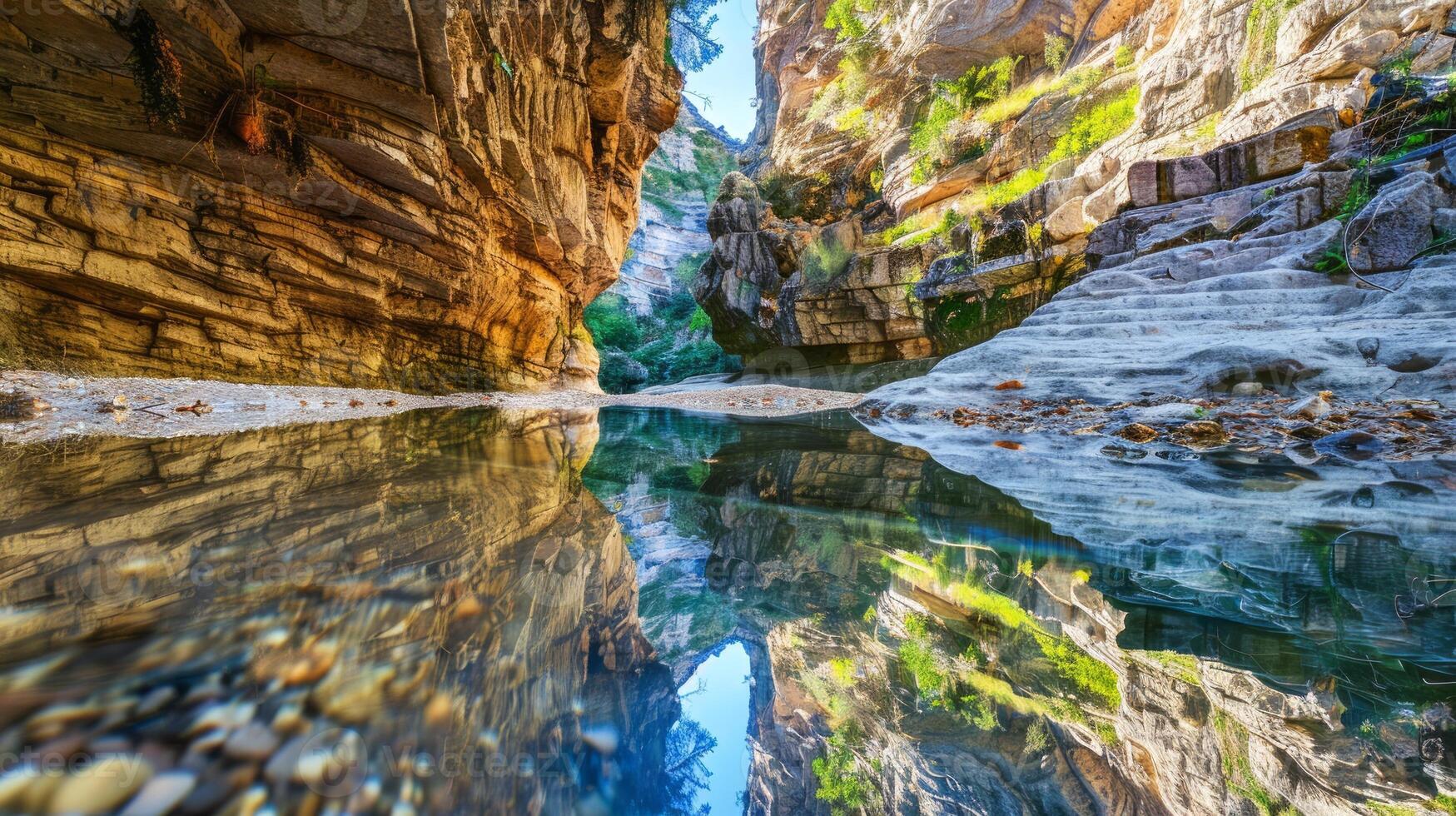 Serene canyon mirrored in a tranquil river with lush greenery. Calm gorge reflected in clear water with vibrant plants. Concept of natural beauty, tranquility, outdoor scenery photo