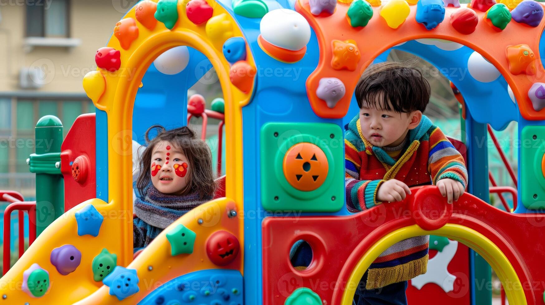 Two Asian children playing on a colorful playground. Young kids enjoying a bright and playful play structure. Concept of childhood fun, outdoor activities, playground equipment photo
