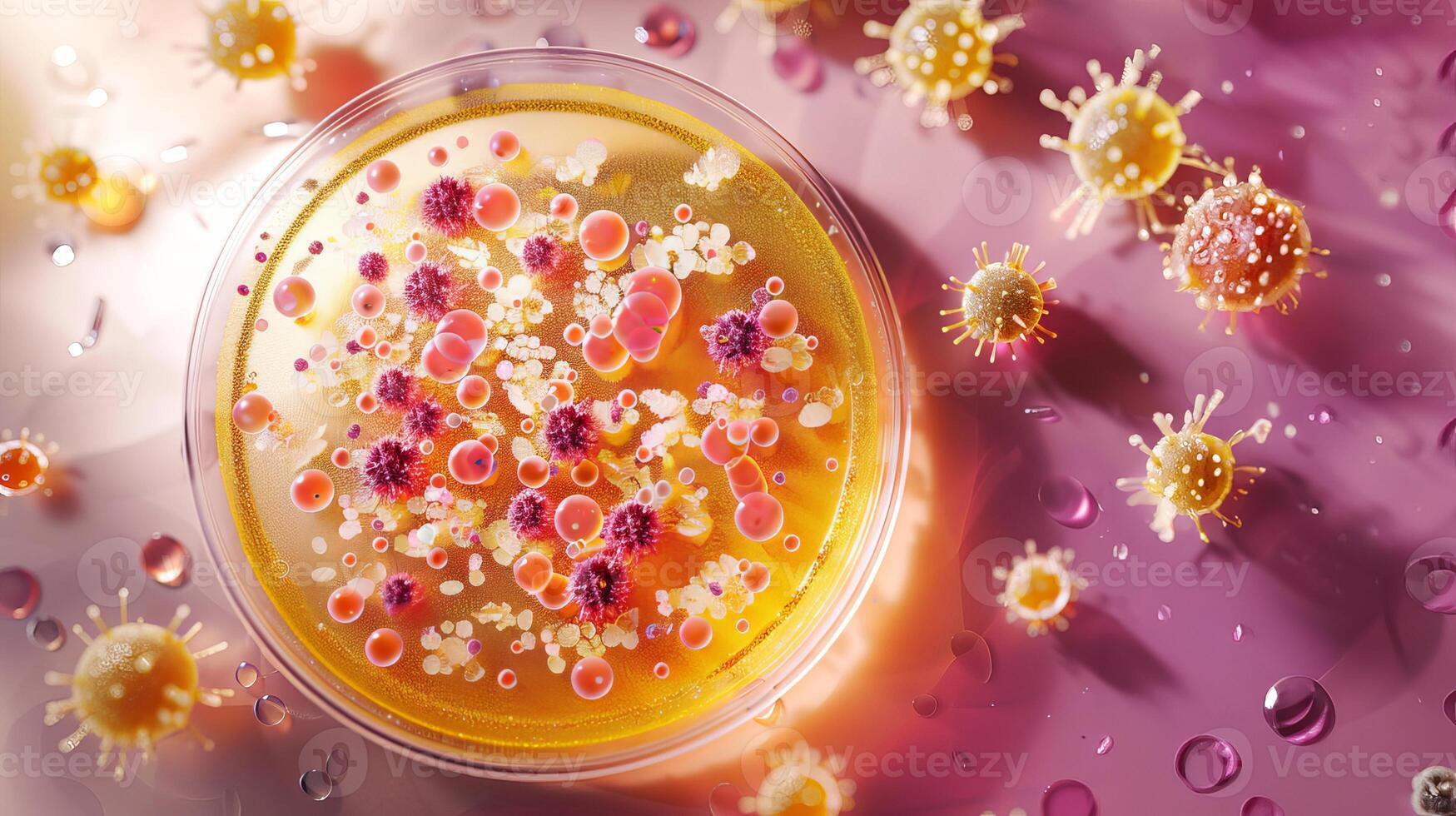 Close-up of various microorganisms in a petri dish under a microscope. Microbes and cells. Concept of biology, laboratory research, microbiology, cellular organisms photo