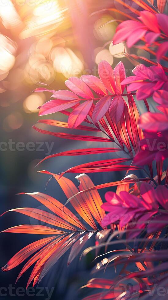 Bright summer tropical botanical background with colorful palm leaves and bokeh effects. Trendy wallpaper with vibrant colors. Copy space. Mockup for design. Vertical format photo