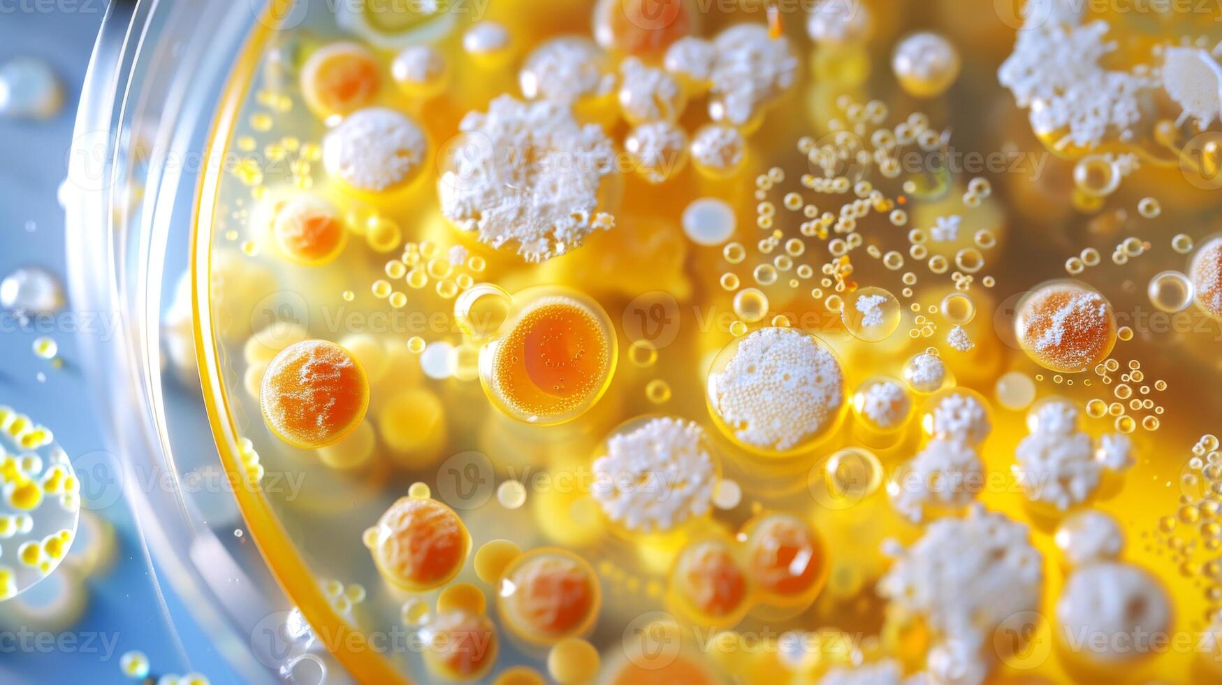 Petri dish with colorful microbial growth. Scientific laboratory experiment. Concept of microbiology, biochemistry, science research, microbial life photo