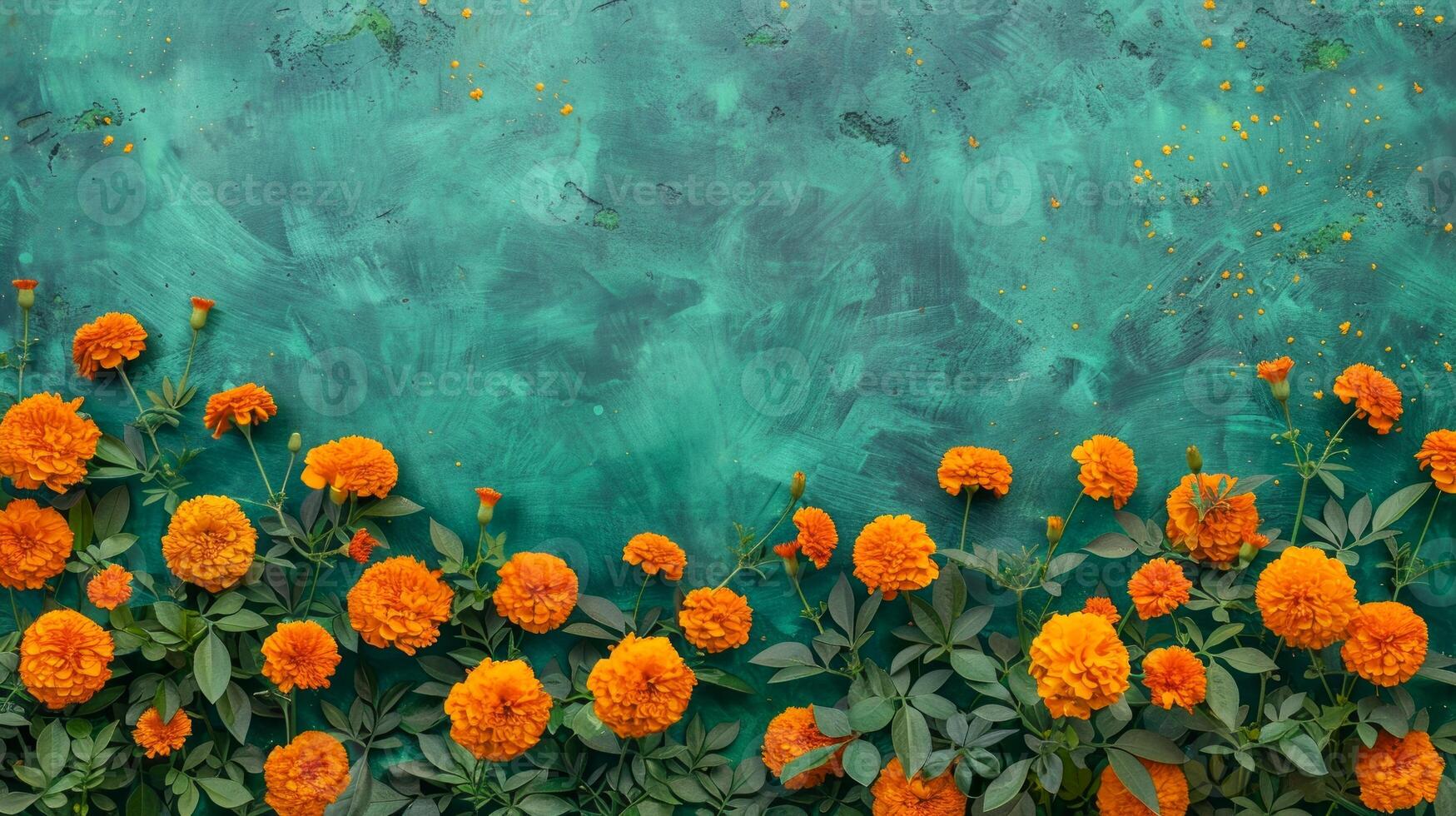 Orange marigold flowers against a green textured background. Copy space. Concept of floral arrangement, nature beauty, botanical design. Day of the Dead, Dia de los Muertos celebration. Greeting card photo
