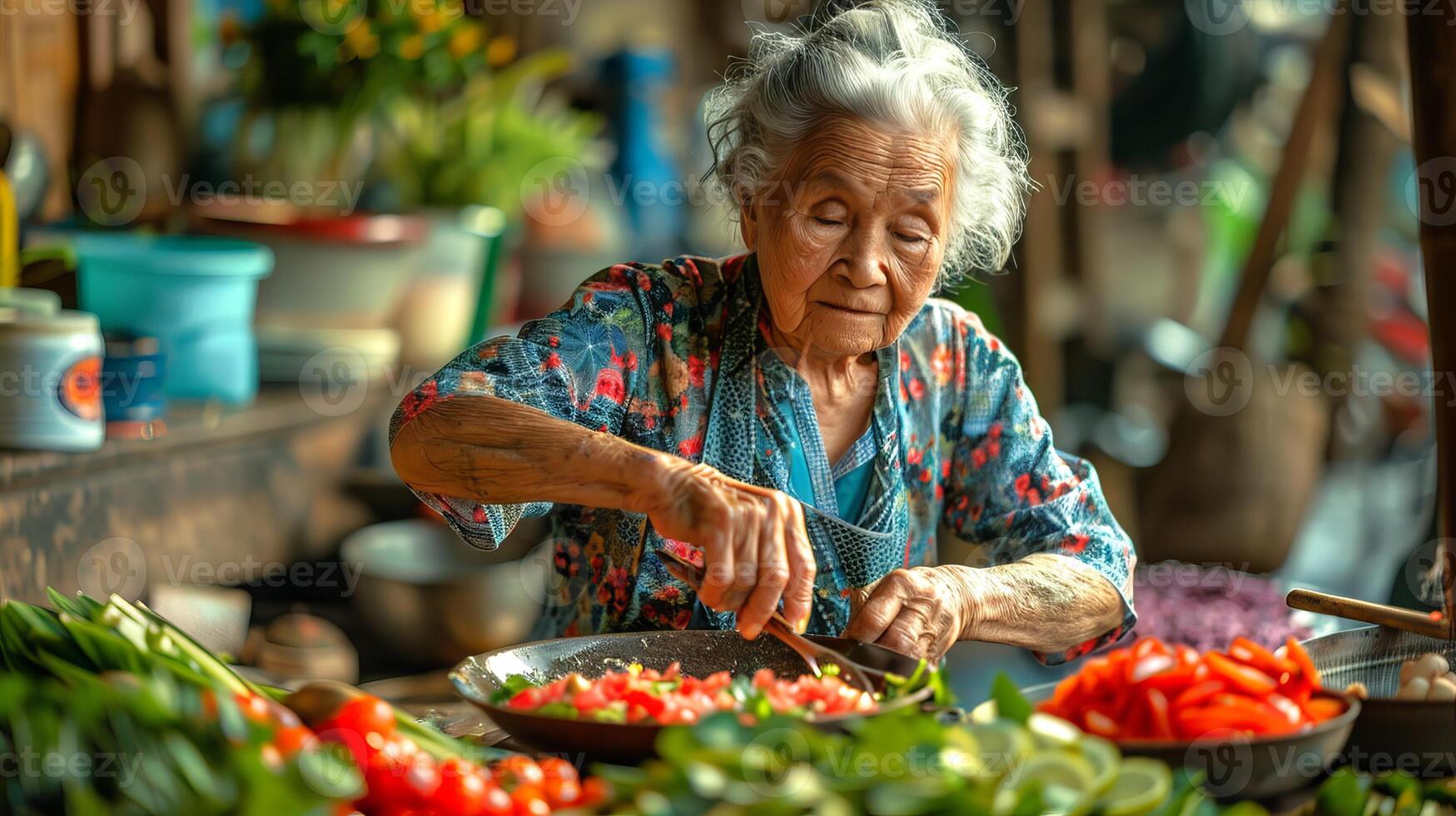 Elderly Asian woman preparing traditional Thai dishes in a kitchen. Thai senior woman cooking with fresh vegetables. Concept of traditional cuisine, cultural heritage, authentic cooking. photo