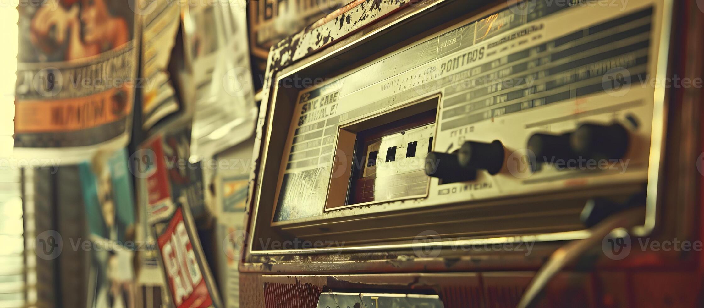 Vintage Radio Set on Antique Store Shelf Surrounded by Retro Posters. Concept of retro cassette tape player, music memorabilia, historical soundtracks, and cultural nostalgia photo