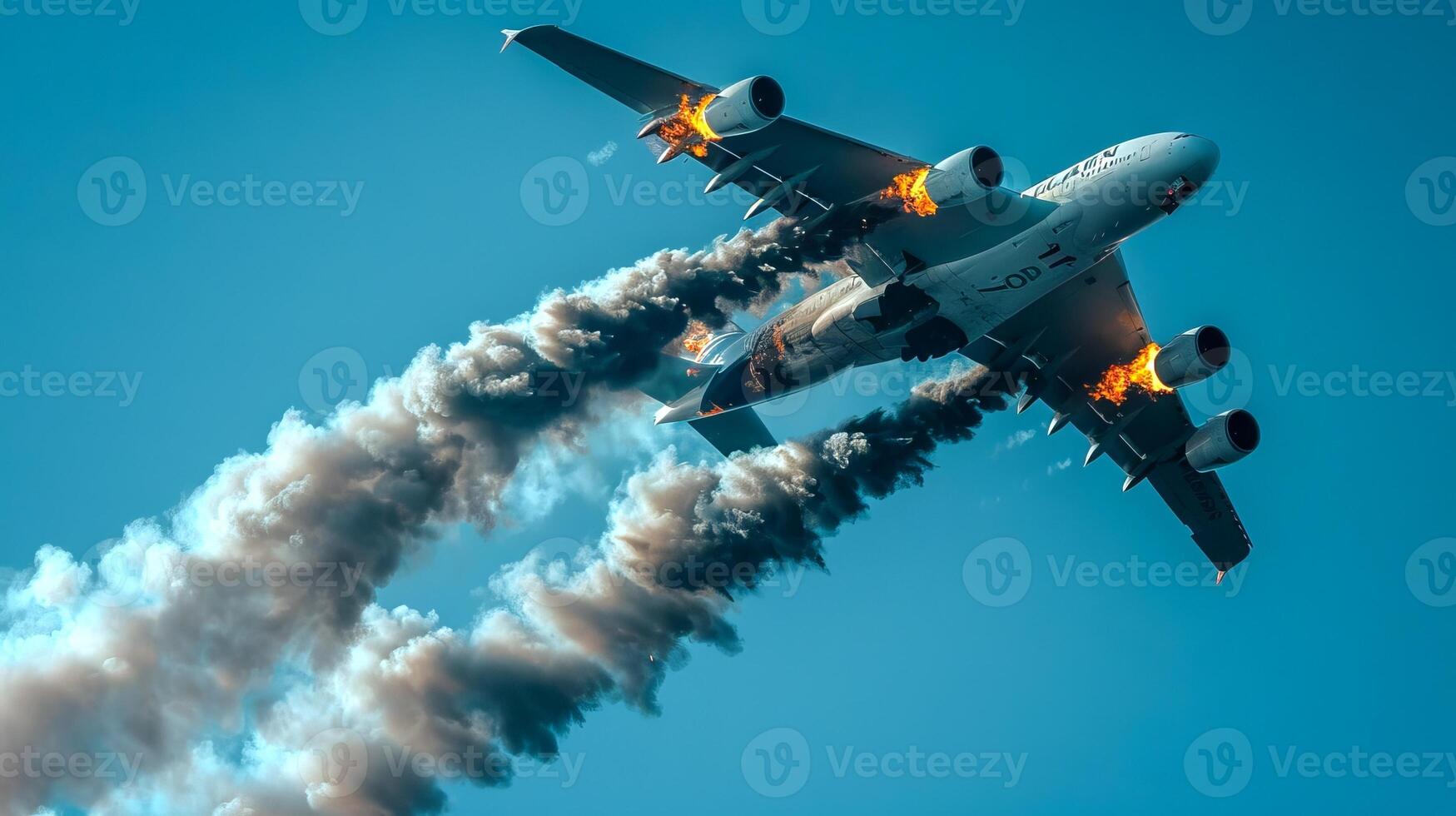 Airplane with engine on fire during flight. Aircraft experiencing inflight engine fire. Burning plane. Concept of aerospace safety, emergency procedures, disaster response photo