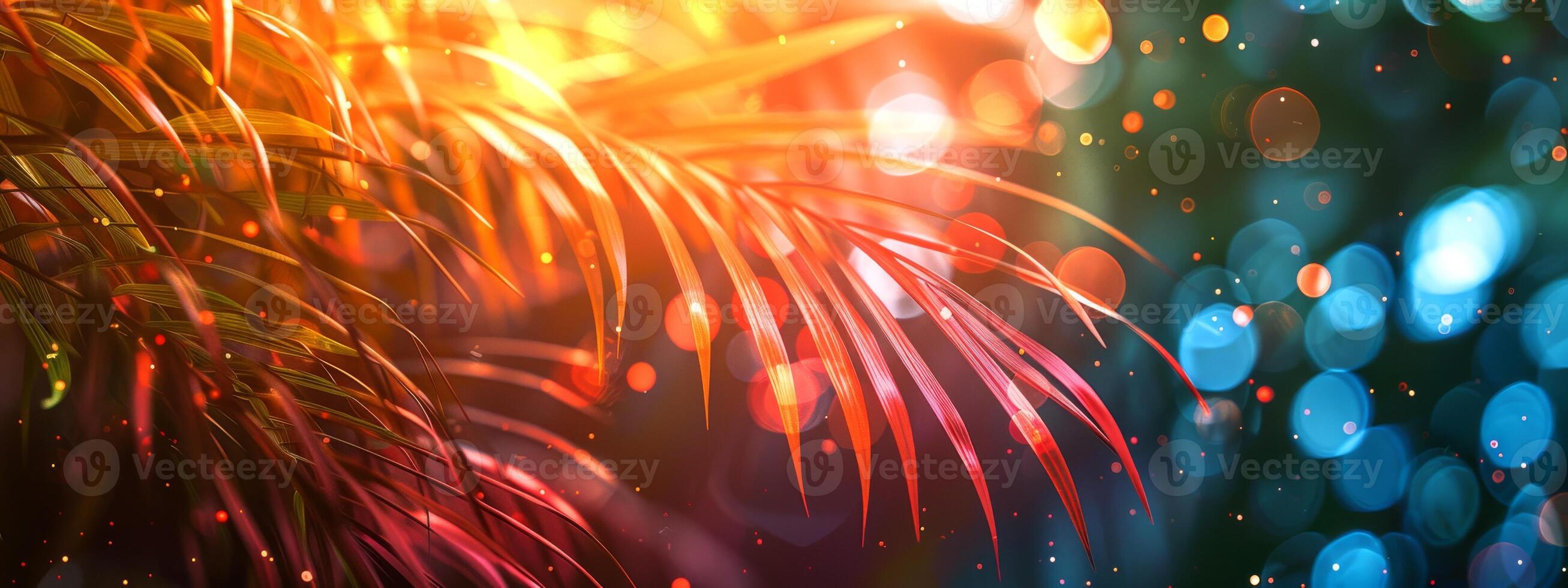 Bright summer tropical background with colorful palm leaves and bokeh effects. Trendy botanical wallpaper with blue, pink, yellow colors. Festive mood. Wide banner. Space for text. Mockup for design photo
