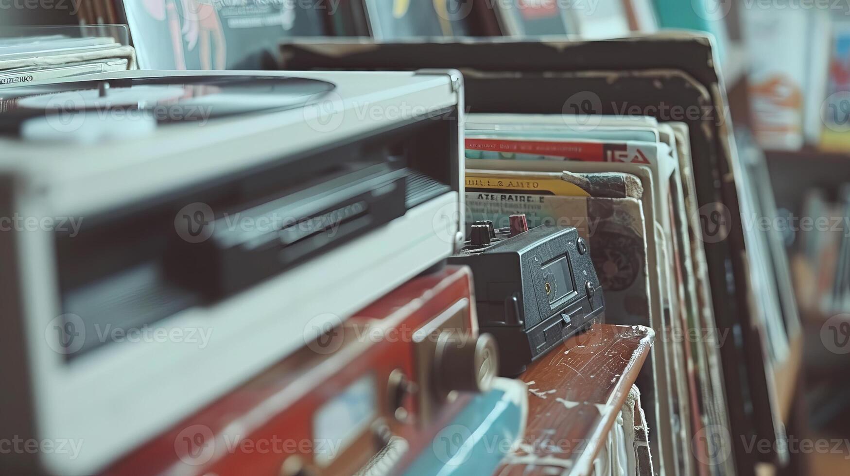 Vintage Vinyl Records and Classic Cassette Tapes in a Cozy Music Store. Concept of retro cassette tape player, music memorabilia, historical soundtracks, and cultural nostalgia photo