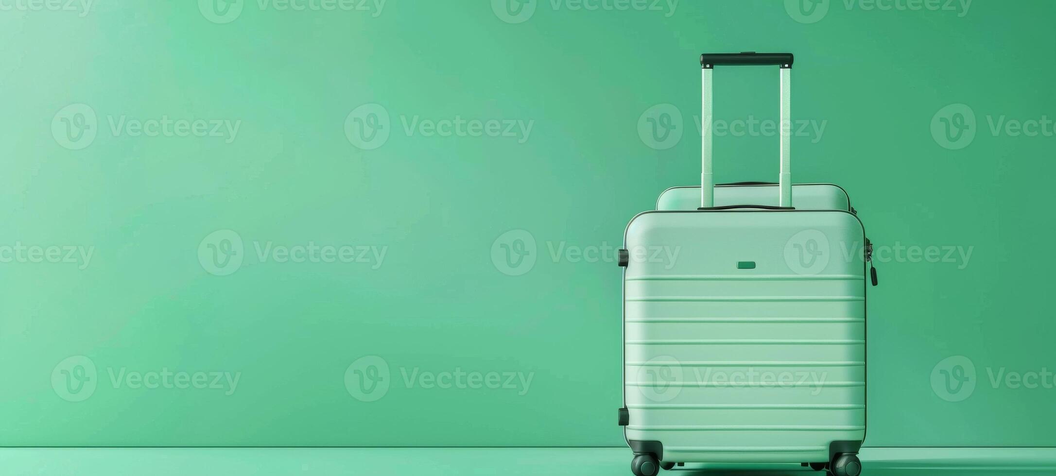 Modern green luggage set on a green backdrop. Suitcase ready for travel. Concept of travel, vacation, simple design, journey preparation, minimalism. Wide Banner. Copy space photo