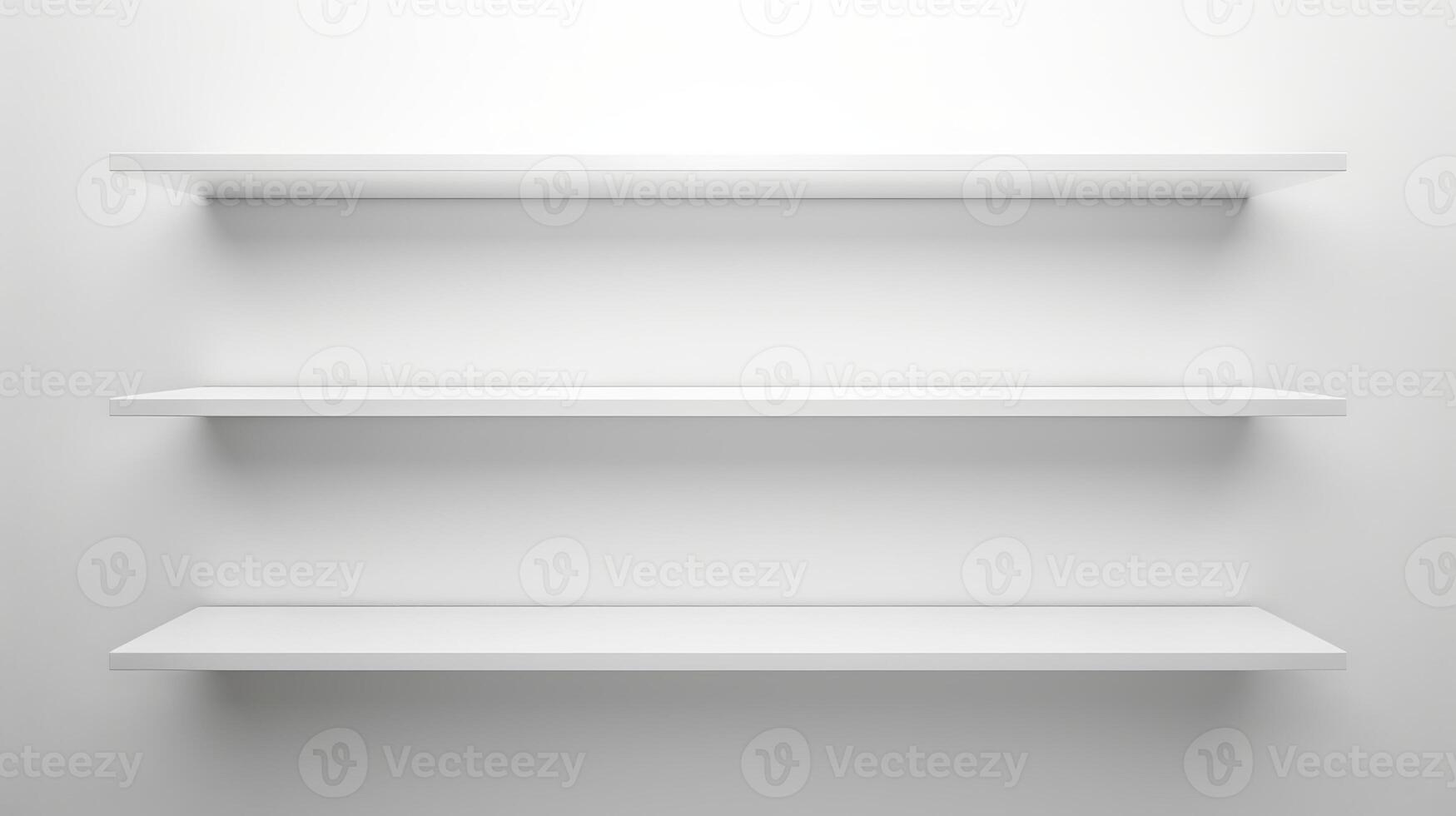 Modern minimalist white wall shelves design. Concept of interior decoration, home organization, clean and simple aesthetic. Copy space. Mockup. Empty Shelves on a White Wall photo