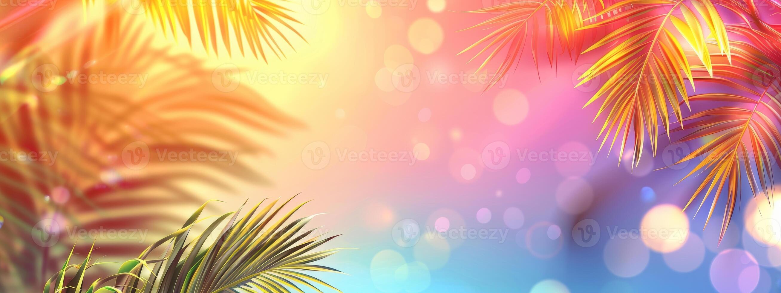 Bright summer tropical backdrop with colorful pastel palm leaves and bokeh effects. Trendy botanical wallpaper with blue and pink colors. Wide banner. Copy space. Mockup for design. Vibrant art photo