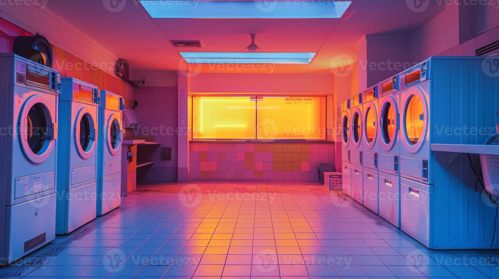 High-tech laundromat featuring sleek machines and neon illumination. Futuristic and efficient laundry space. Concept of modern amenities, technological advancement, public service. photo