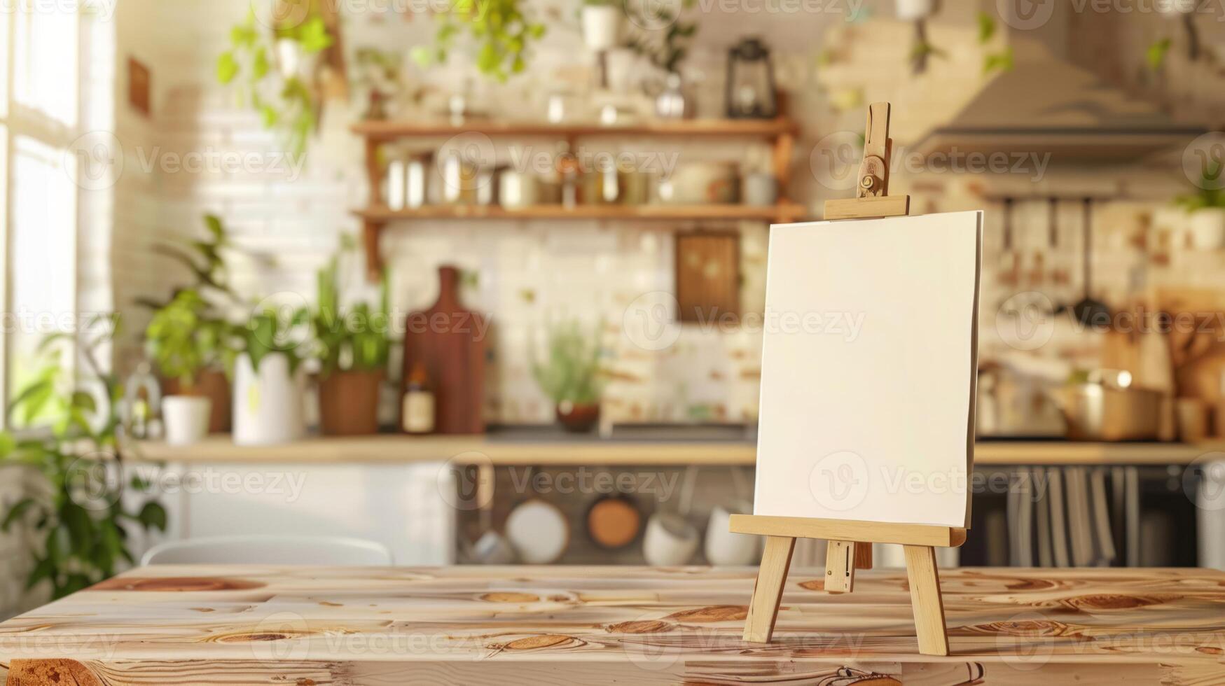 Note-ready canvas standing in a warm kitchen setting. Easel with a blank page awaiting ideas. Concept of culinary art space, recipe writing, and creative home atmosphere. Copy space. photo