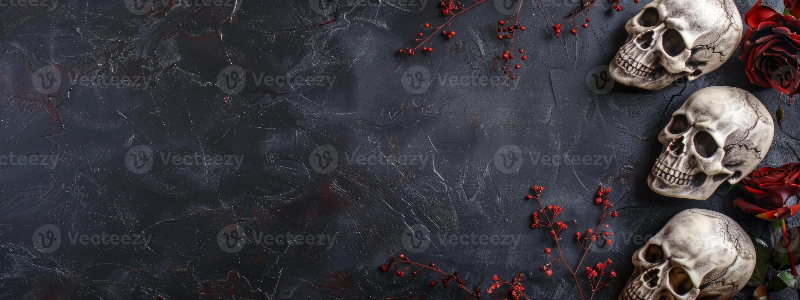 Three skulls on a dark textured background with red floral accents. Skulls arranged on a black backdrop with red berries. Concept of Halloween decor, Gothic theme, eerie aesthetic. Banner. Copy space photo