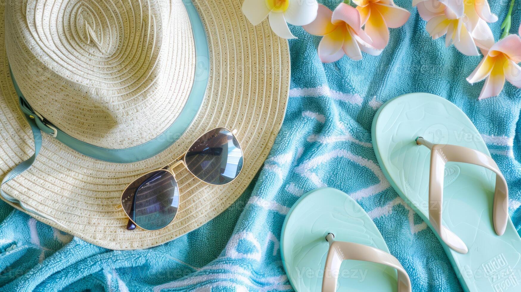 Beach essentials with a straw hat, sunglasses, and flip-flops. Summer vacation accessories on a patterned towel. Concept of travel, holiday, beachwear, and relaxation photo