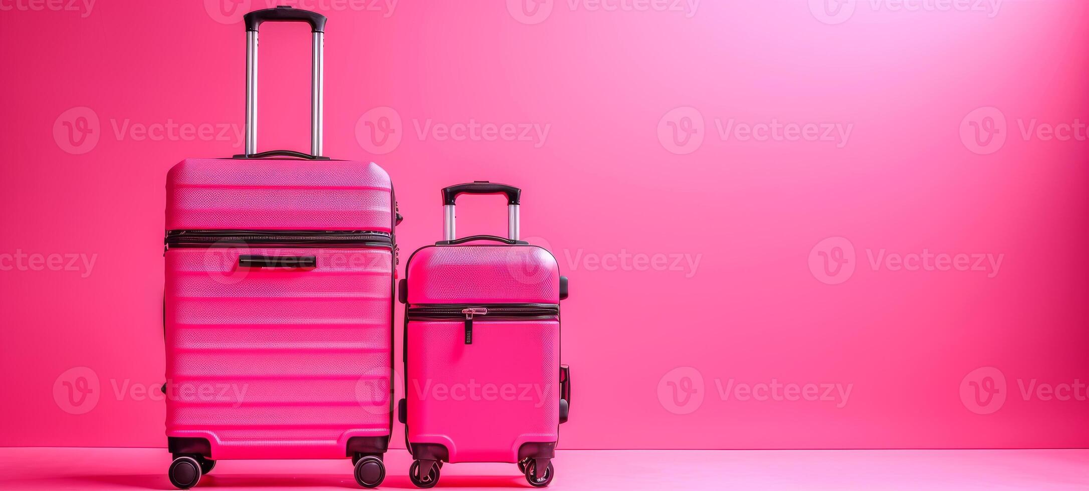 Two modern pink luggage sets on a pink background. Two suitcases ready for travel. Concept of travel, vacation, simple design, journey preparation, minimalism. Wide Banner. Copy space photo