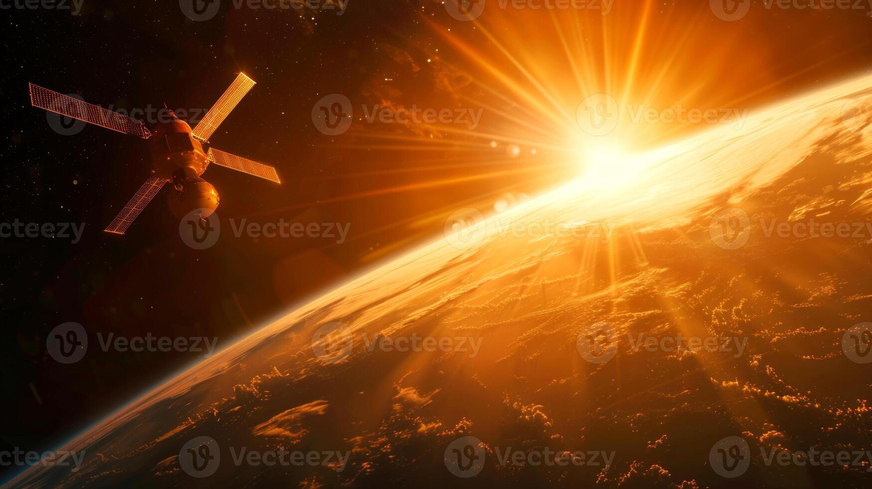 Satellite orbiting planet Earth with the sun rising over the horizon, concept of space exploration, astronomy, technology photo