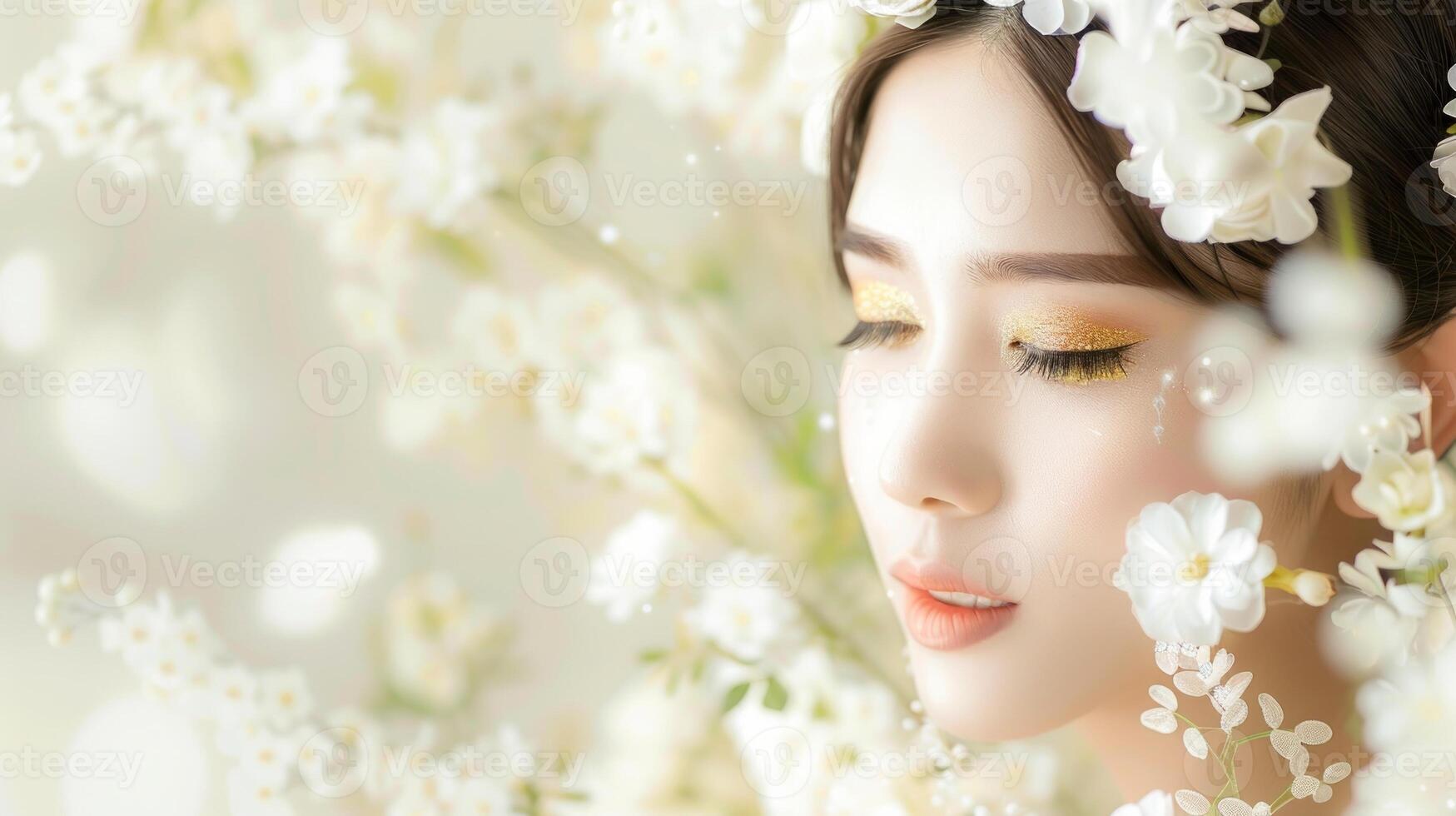 Asian woman with gold eyeshadow and flowers in hair. Concept of beauty, makeup, elegance, tranquility. Beautiful bride. Copy space photo