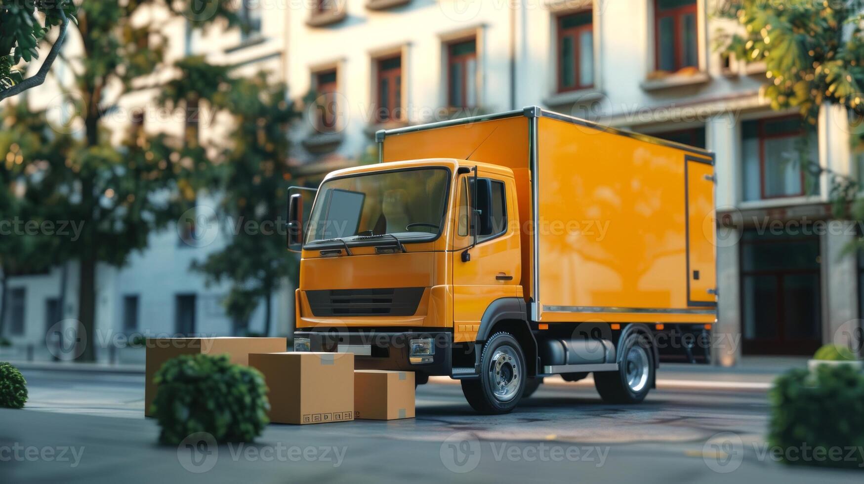 Yellow delivery truck with open back, cardboard boxes on the street. Logistics, shipping services, urban delivery, transportation concept photo