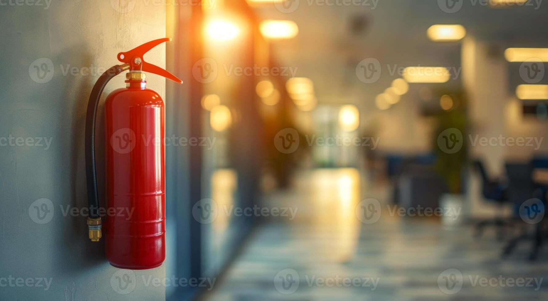 Red fire extinguisher mounted on a wall in a modern office hallway. Safety equipment for emergency situations. Concept of fire safety, emergency response, workplace safety, preparedness. Copy space photo