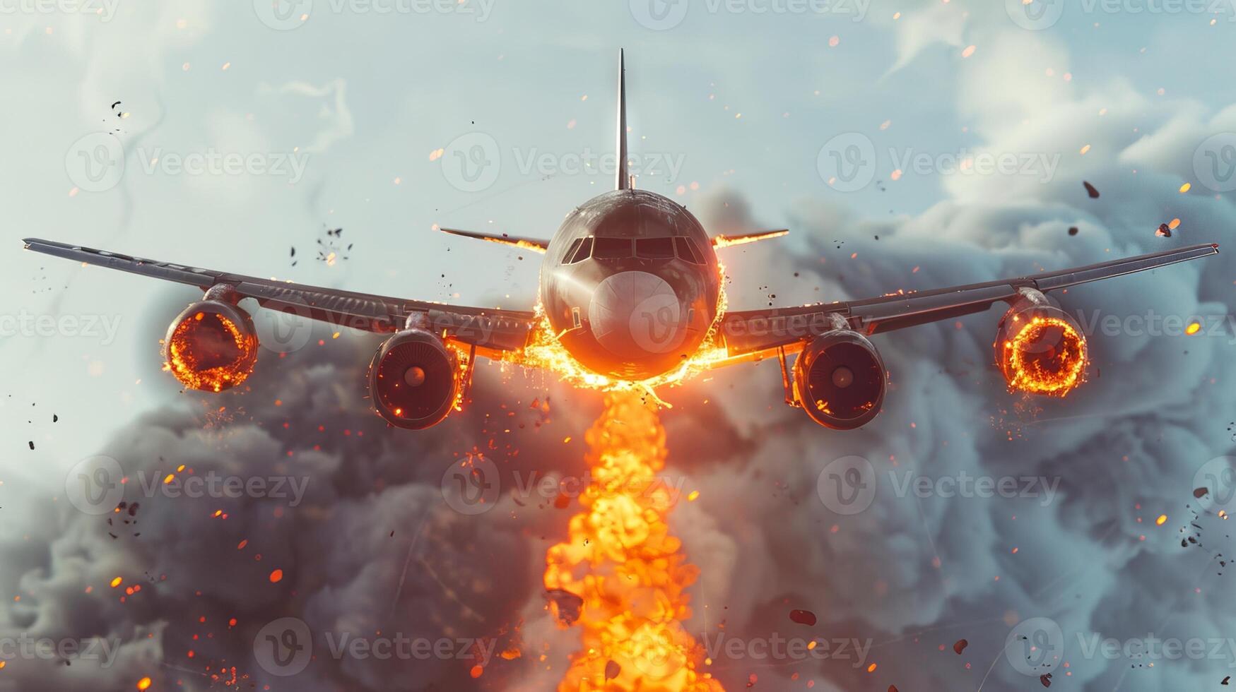 Airplane engulfed in flames descending in cloudy sky. Aircraft on fire falling through the clouds. Concept of disaster, aviation accident, emergency situation, danger. Burning plane photo