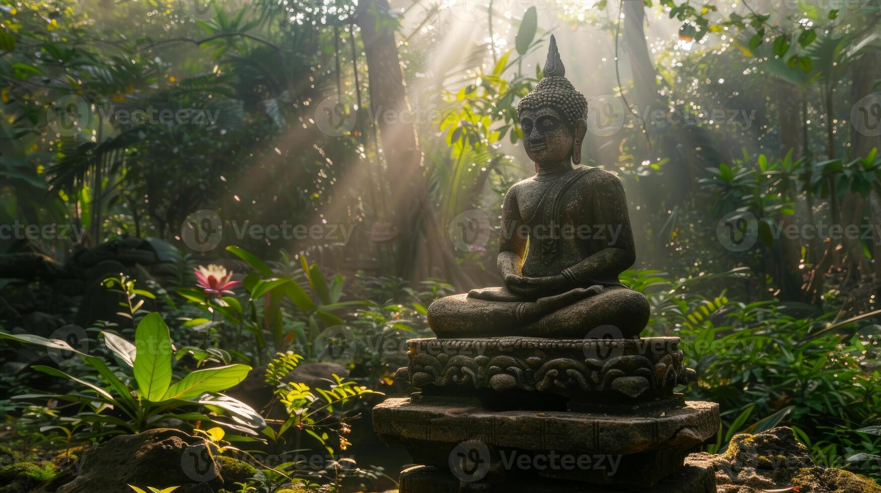 Buddha statue meditating in lotus position in a natural setting. Buddhist sculpture in serene landscape. Concept of Zen, meditation, religion, spiritual awakening. Copy space photo