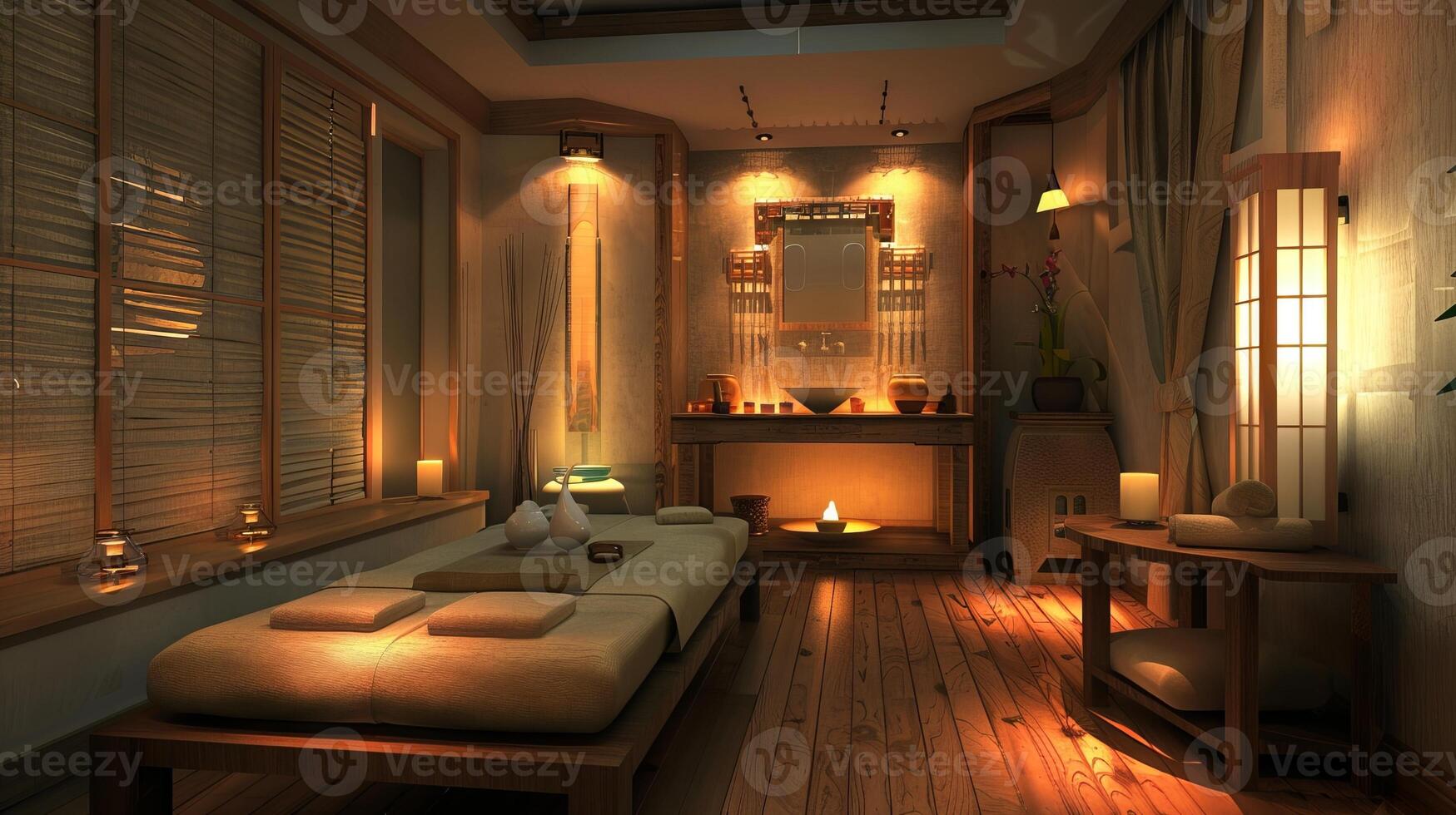 Relaxing spa setting with soft lighting and massage tables. Cozy interior in Japanese style. Concept of spa treatments, massage room, relaxation, and interior design. photo