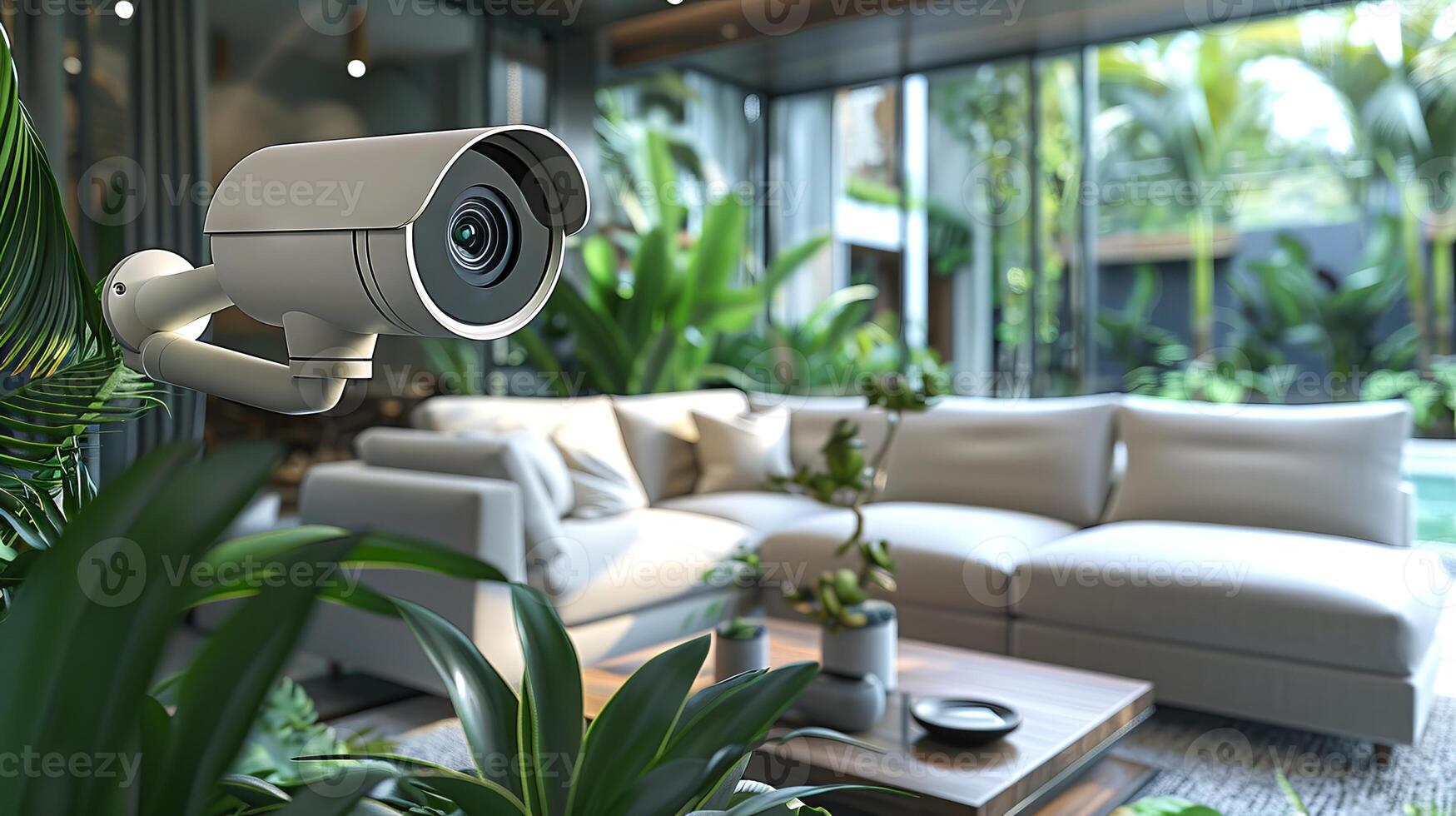 Modern security camera in a stylish living room with lush indoor plants. Concept of home surveillance, interior security, technology, smart home decor photo