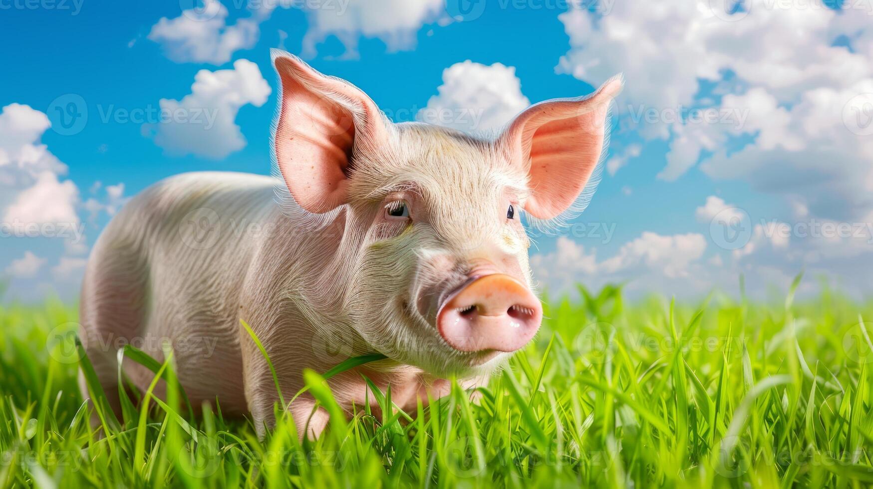 Adorable piglet standing on lush green grass under a bright blue sky with clouds. Young farm animal. Concept of nature, agriculture, rural life, livestock photo