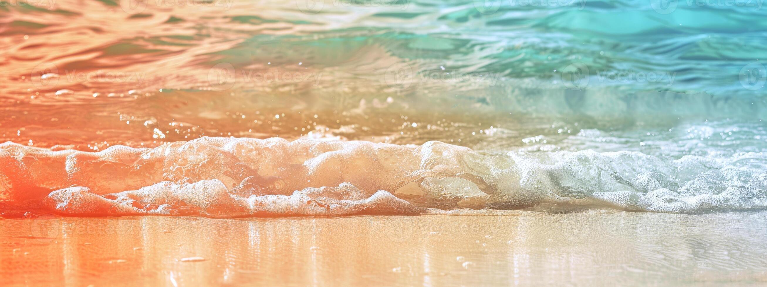 Tranquil beach with turquoise waves. Calm seashore with colorful clear waters. Concept of nature, relaxation, tropical destinations, vacation. Wide banner. Copy space photo