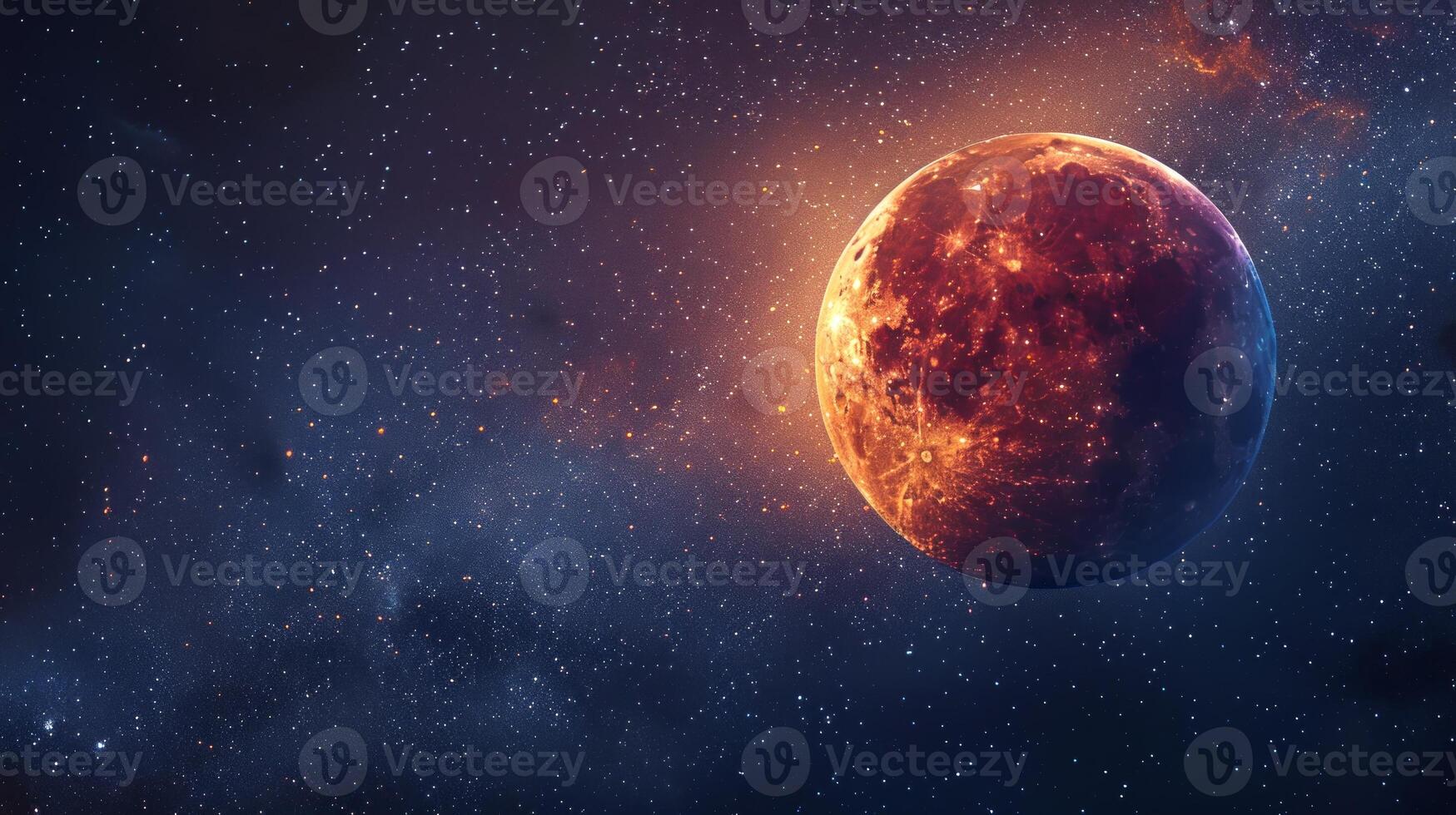 Red moon glowing in a starry sky. Crimson lunar surface amidst stars. Concept of space, astronomy, celestial phenomena, beauty. Copy space photo