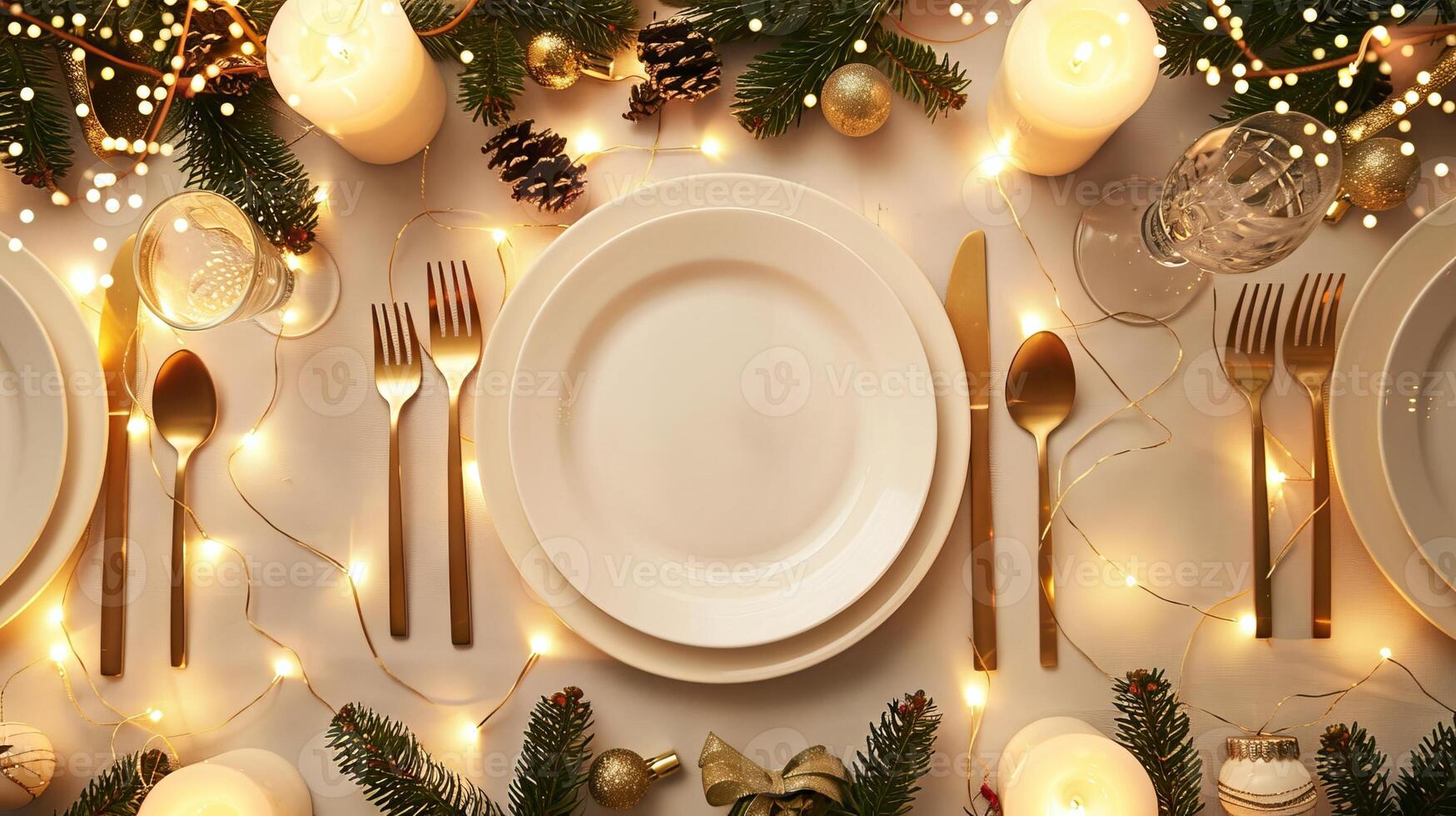 Elegant holiday dinner table setting with candles and golden cutlery. Christmas festive table decor with Christmas tree branches. Concept of holiday gathering, celebration, festive decoration photo