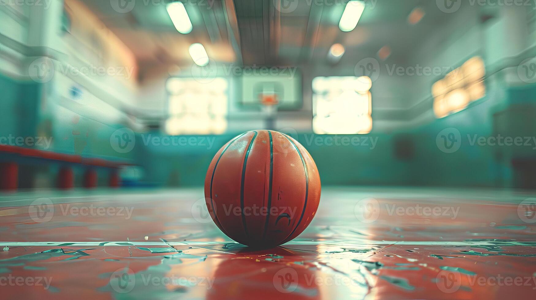 Basketball on a court in an empty indoor gym. Sport concept, athletic environment, activity, focus on the ball photo