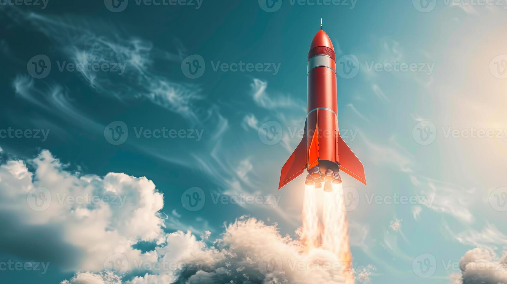 Red Rocket Launching into Sky with Clouds in Background. Symbol of Innovation, Exploration, and Adventure photo