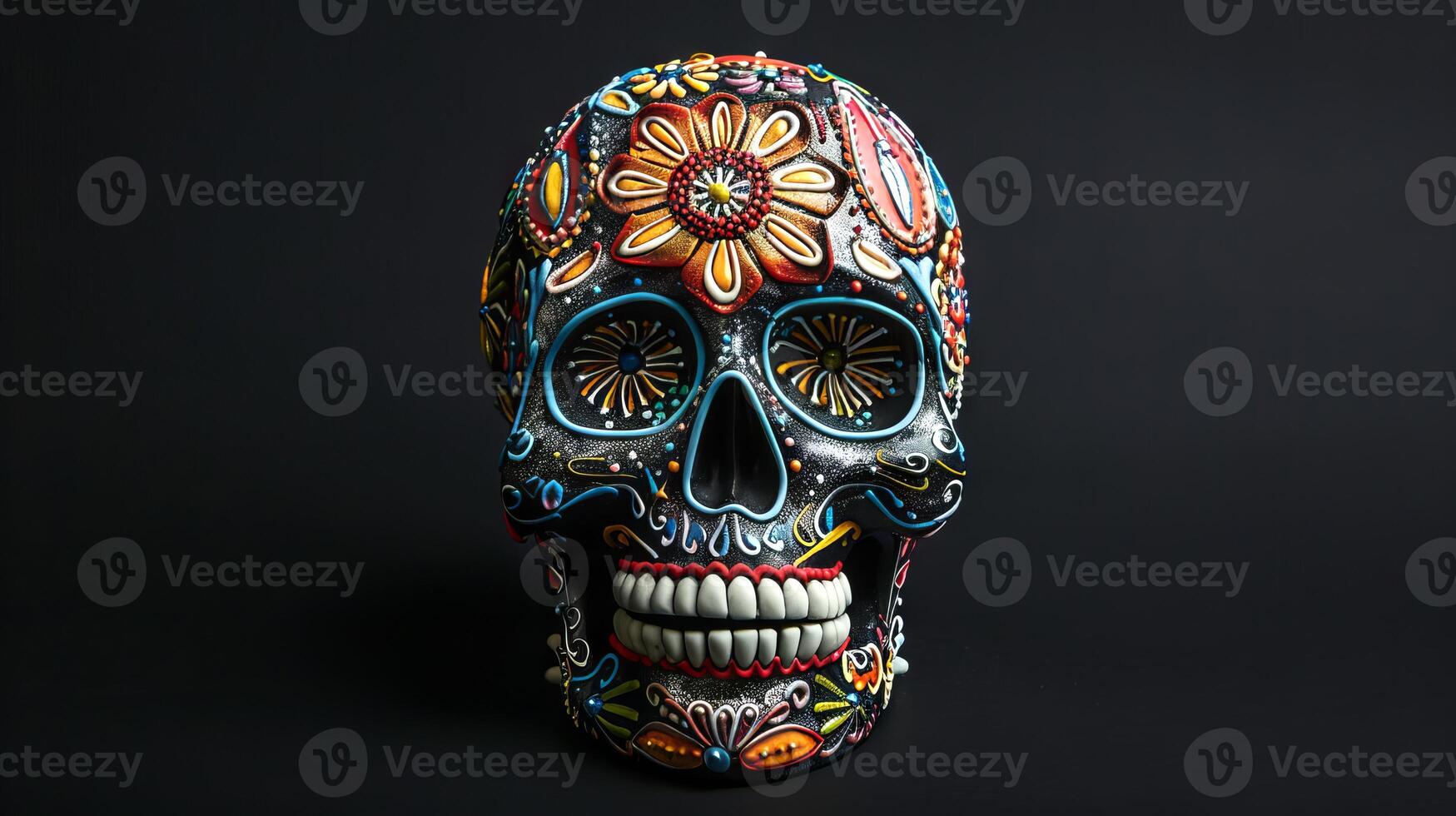 Colorful sugar skull with floral patterns isolated on dark background. Vibrant calavera with flower designs. Concept of Day of the Dead, Mexican culture, traditional crafts, Halloween photo