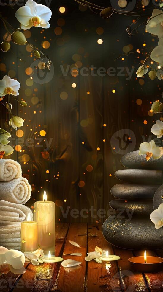 Elegant spa setting with lit candles, flowers, towels, smooth stones. Calming wellness retreat for relaxation. Concept of luxury Thai spa, tranquility, indulgence. Copy space. Vertical photo
