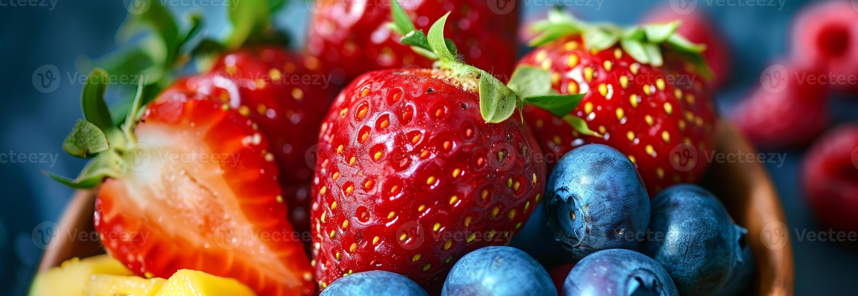 Close-up of fresh strawberries and blueberries in a bowl. Fruit arrangement, healthy eating, seasonal produce, vibrant colors concept photo