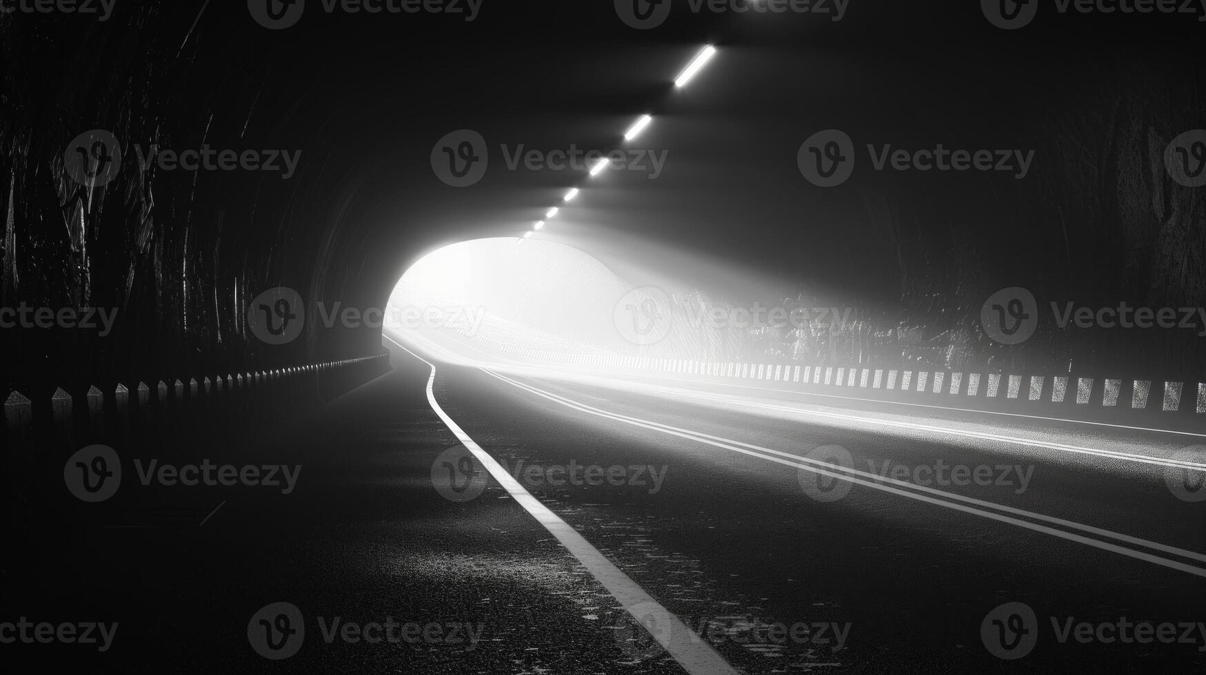 Black and white image of a railroad track inside a tunnel. Light at the end of the tunnel. Concept of journey, hope, direction, overcoming obstacles photo