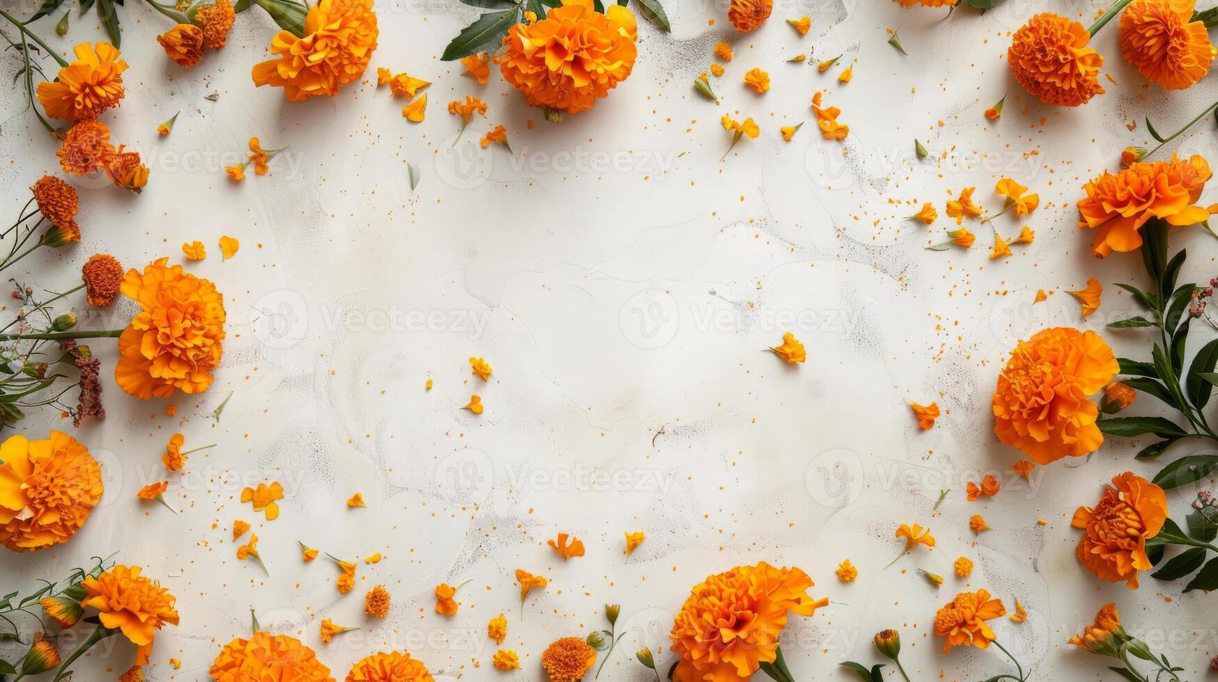 Orange marigold flowers scattered on white marble backdrop. Copy space. Concept of floral arrangement, nature beauty, botanical design. Day of the Dead, Dia de los Muertos celebration. Greeting card photo