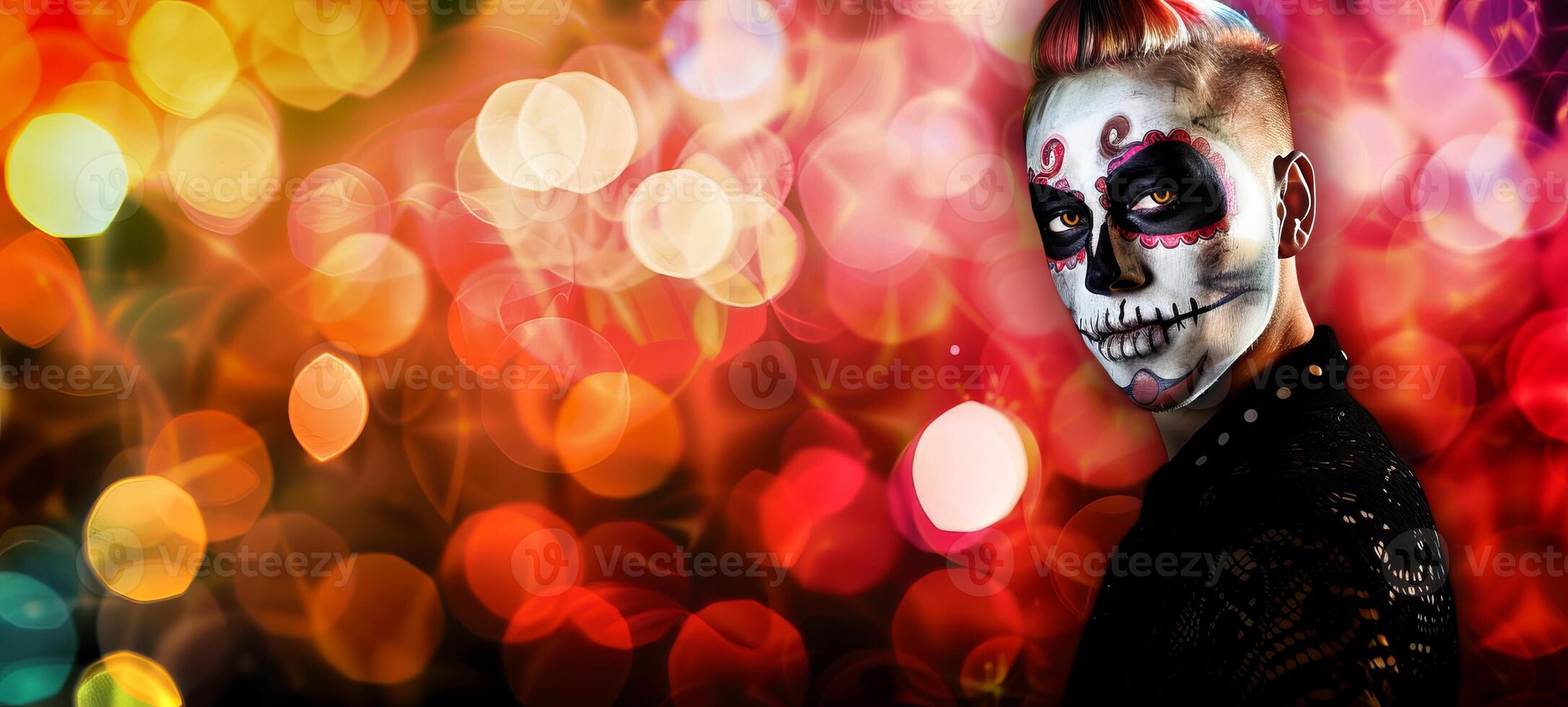 Man with Day of the Dead skull makeup. Male with Dia de los Muertos face paint. Concept of Mexican culture, holiday celebration, traditional festival, Halloween. Space for text photo