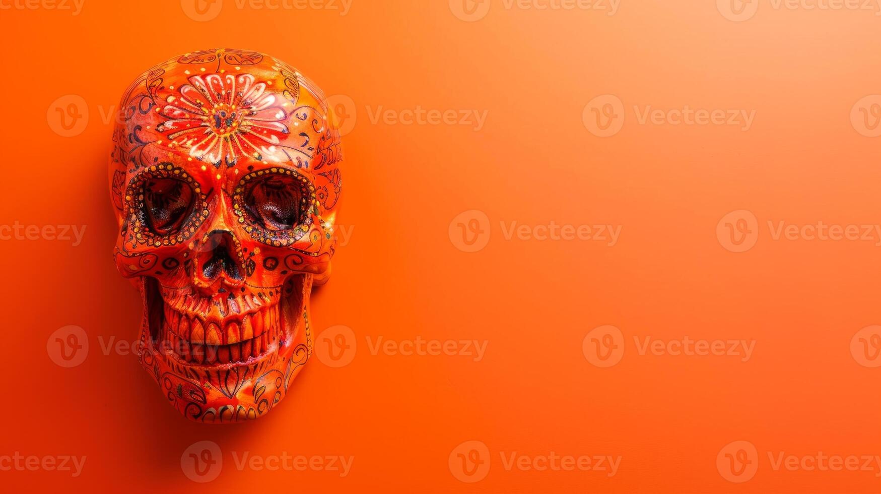 Vividly Painted Skull on an Orange Background. Concept of Halloween Decor, Day of the Dead, Artwork Skull Design. Copy space photo