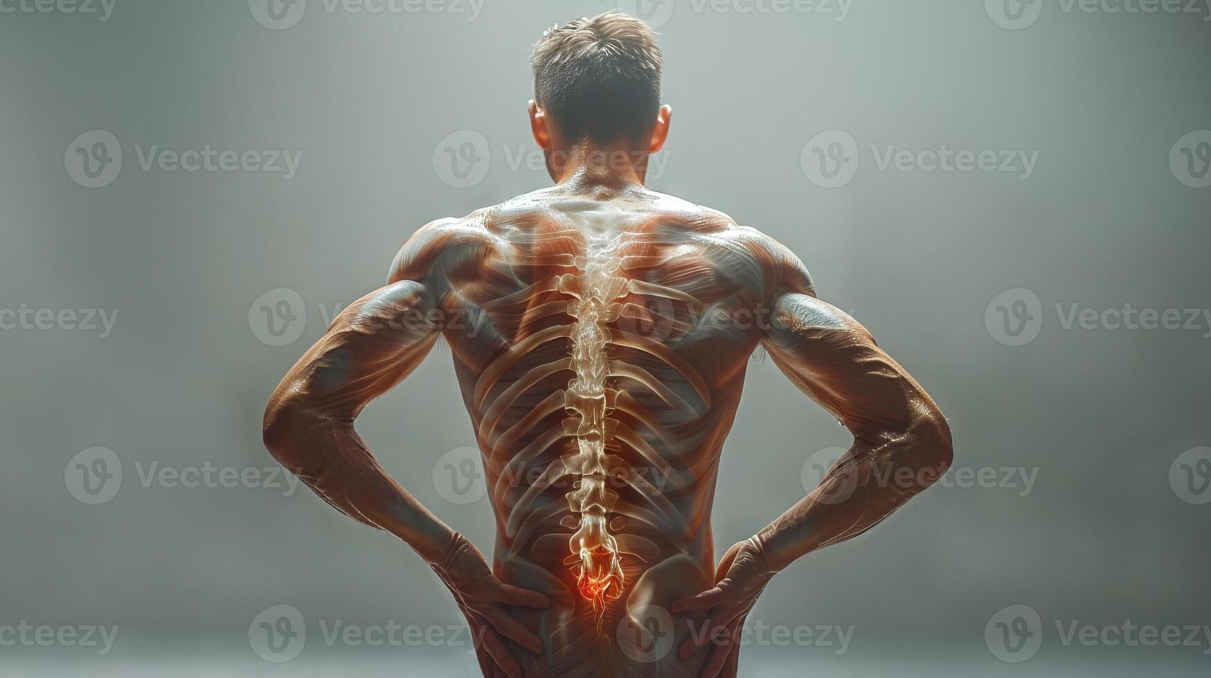 Muscular white man with highlighted spine experiencing lower back pain. Concept of human anatomy, muscle structure, spinal health, and pain management photo