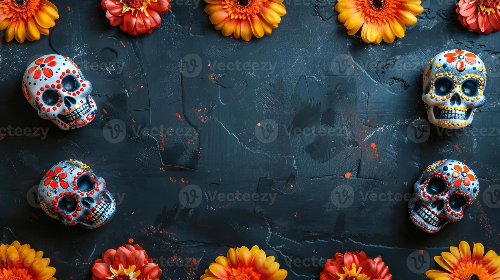 Colorful skulls and flowers frame on dark background. Sugar skulls with botanical elements. Concept of Day of the Dead, floral design, Halloween. Greeting card, postcard, banner. Space for text photo