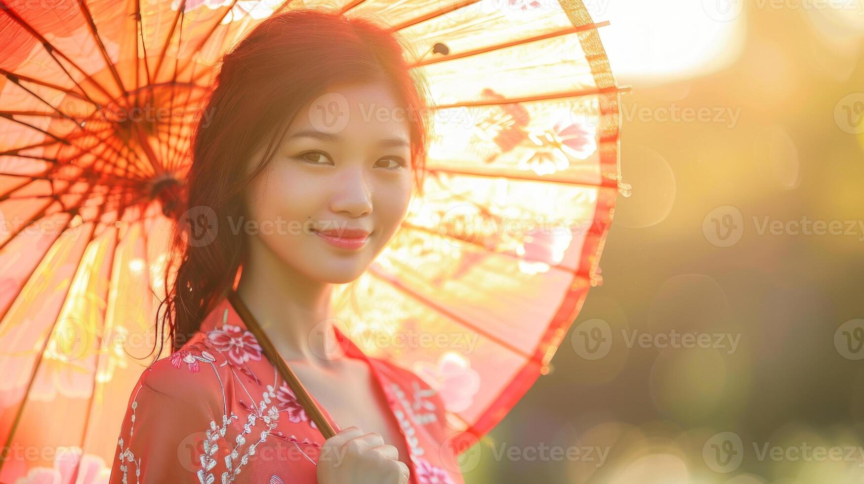 Asian woman holding a decorative red umbrella in sunny garden. Concept of traditional culture, femininity, beauty, and summer. Copy space photo