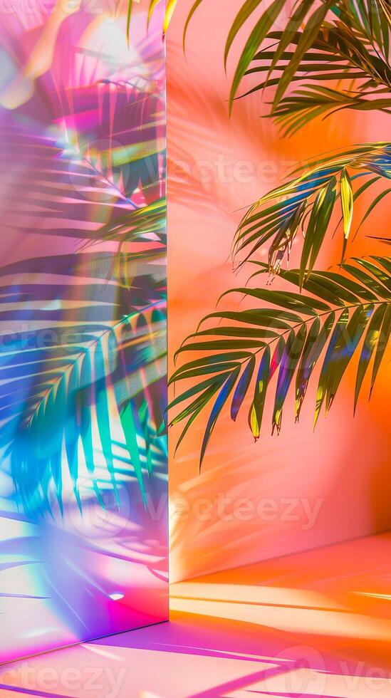Iridescent palm leaf with vibrant spectrum of colors casting intricate shadows on colorful wall. Concept of nature, light effects. Bright wallpaper. Mockup for design. Copy space. Vertical photo